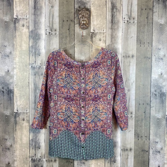 NWOT Anthropologie Maeve Sidney Silk Mosaic Button Back Top in Blue Combo Size 6 - Picture 2 of 9